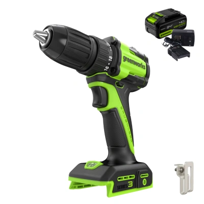 Дрель-шуруповерт Greenworks DD345K4 24V (27/45Нм) аккумуляторная, c АКБ 4 А/ч и ЗУ