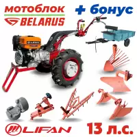 Мотоблок МТЗ (Беларус)-012WM (двигатель бензин, Lifan, 13 л.с., ШИНЫ 6.00L-12 KAMA 421) + подарок + пахотный комплект + прицеп ТМ-650/2 (2-х местный)