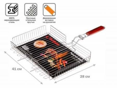 Решетка-гриль, 410x280 мм,  нержавеющая сталь, деревянная ручка, PERFECTO LINEA (Изготовлена из 100% нержавеющей стали. Гигиенична, безопасна, долгове